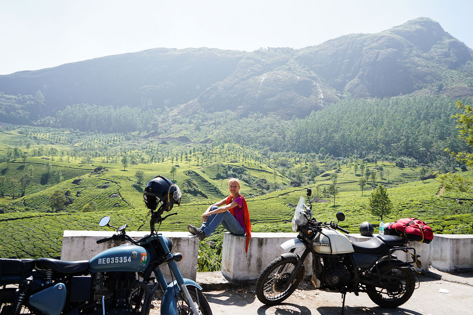 Munnar-tea-plantation-view-point-with-royal-enfield-bike-munnar-kerala-india-firstman.earth